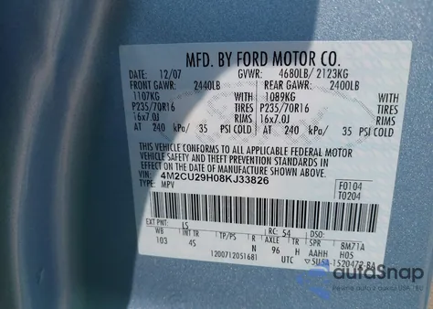 2008 Mercury Mariner Hev from USA, damaged, VIN 4M2CU29H08KJ33826